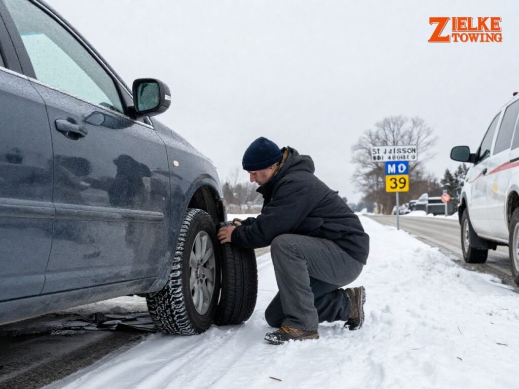 Winter roadside assistance tire change on M-139 in St Joseph MI 49085