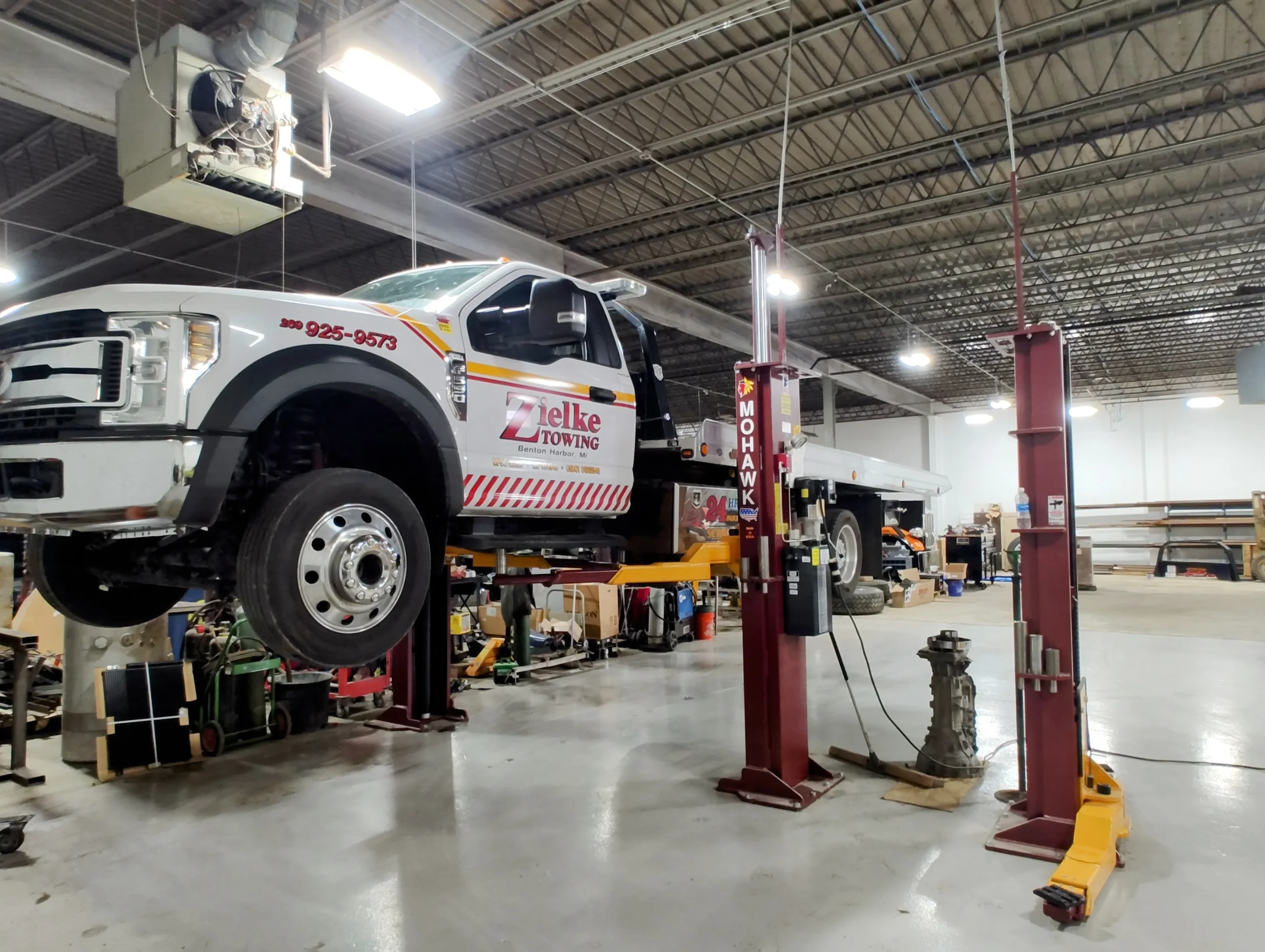 Zielke service truck lifted in shop for battery testing in Benton Harbor, MI