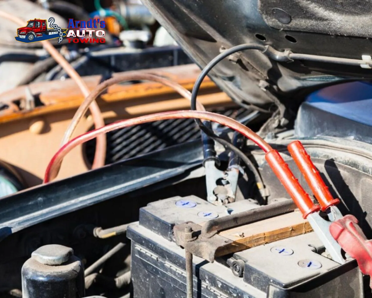 Jumper cables clamped on car battery for jump start by Arndt’s Auto Towing