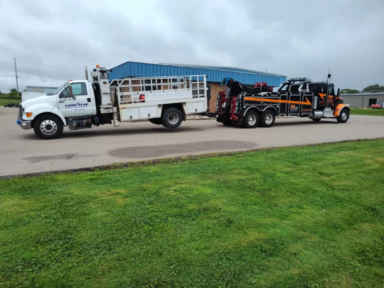 Zielke Towing & Tire heavy-duty wrecker towing Goodyear commercial service truck in Benton Harbor, MI — fleet vehicle towing Berrien County