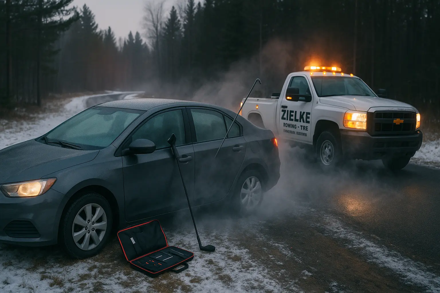 Zielke Towing technician providing emergency lockout service on a snowy roadside in Michigan