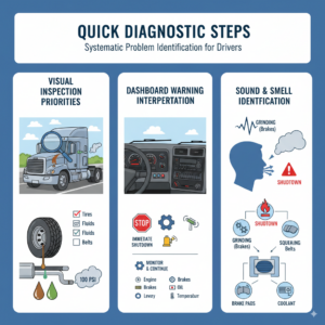 Professional infographic showing three-panel diagnostic guide for truck drivers during breakdowns. Features visual inspection priorities with truck cutaway showing engine, tires, and fluid leak points; dashboard warning interpretation with color-coded warning lights and air pressure gauge; and sound and smell identification with audio waves and diagnostic symbols. Title 'Quick Diagnostic Steps' centered at top in blue text with technical manual styling suitable for professional truck driver training