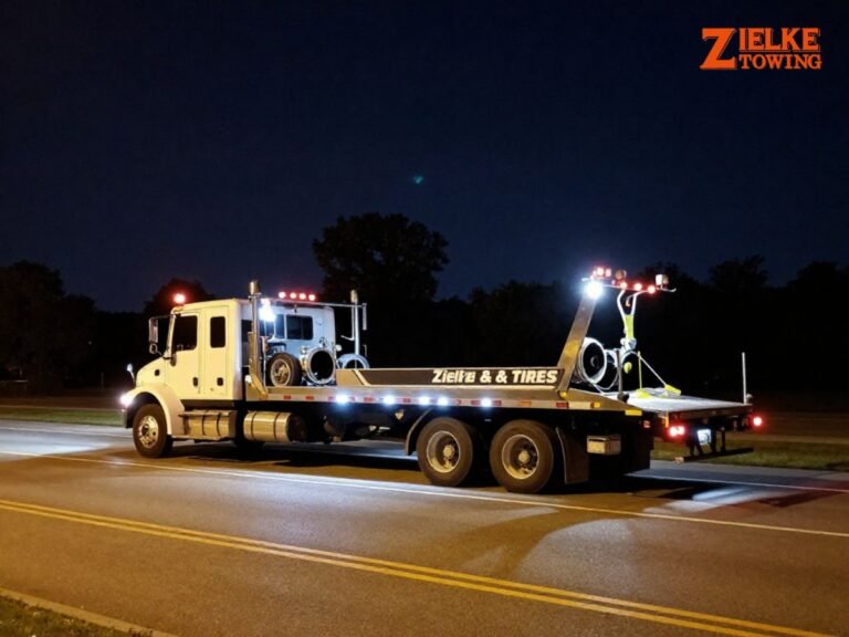 Zielke Towing & Tires tow truck on M‑139 in Benton Harbor MI at night