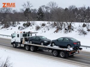 Zielke Towing truck pulling car from snow on I-94 near Benton Harbor MI