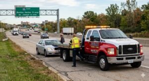 Zielke Towing & Tires tow truck responding to breakdown on I-94 near Benton Harbor MI 49022