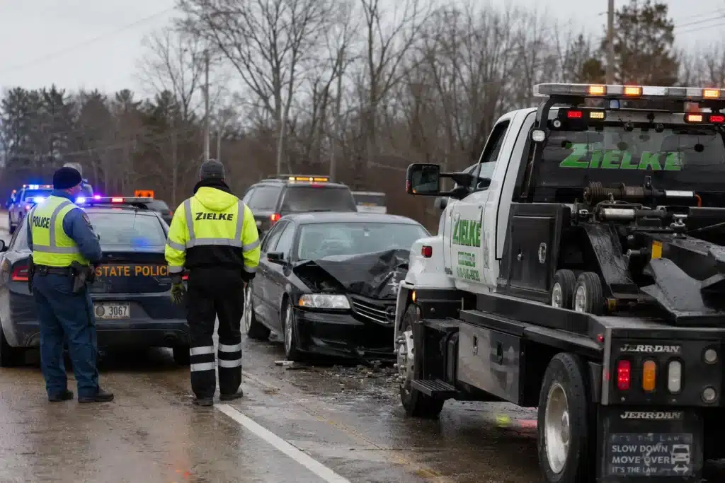 Zielke-Towing-Tire-accident-wrecker-service-at-post-collision-scene-in-Benton-Harbor-MI-—-247-wrecking-service-Southwest-Michigan