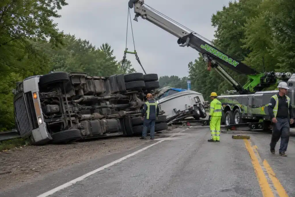 Zielke Towing & Tire overturned truck and boat trailer rollover recovery in Benton Harbor, MI — accident wrecker rotator recovery Berrien County